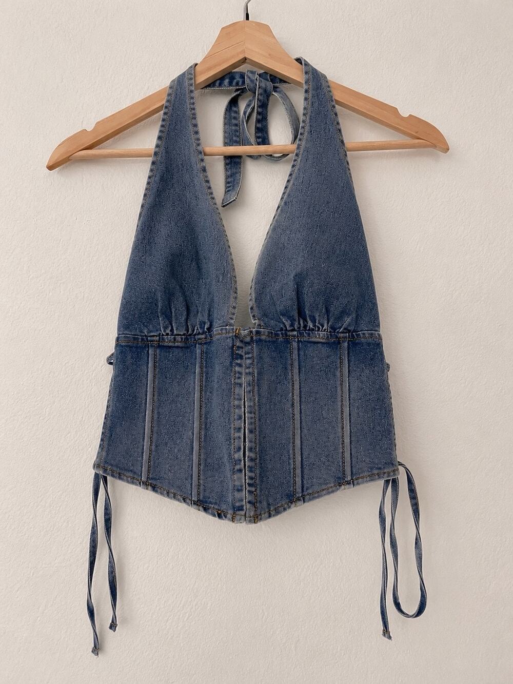Windsor Denim Halter Corset Top Lace Up Sz S Y2K Hook Eye Jean Bustier Coquette - Picture 1 of 7